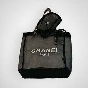 CHANEL Black and White Name Logo Mesh Tote